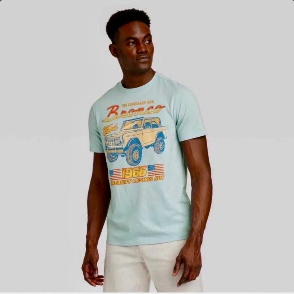 NWT T-Shirt L - Ford Bronco Graphic Tee in Light Blue with Yellow & Red Accents - Picture 2 of 2
